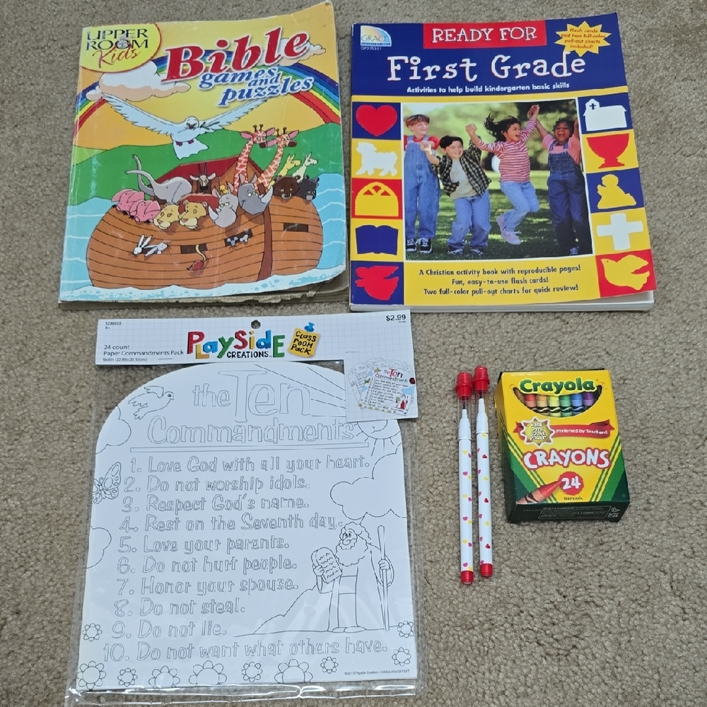 1st GRADE Set Learning Bible PUZZLE Books with Pencils & Crayons